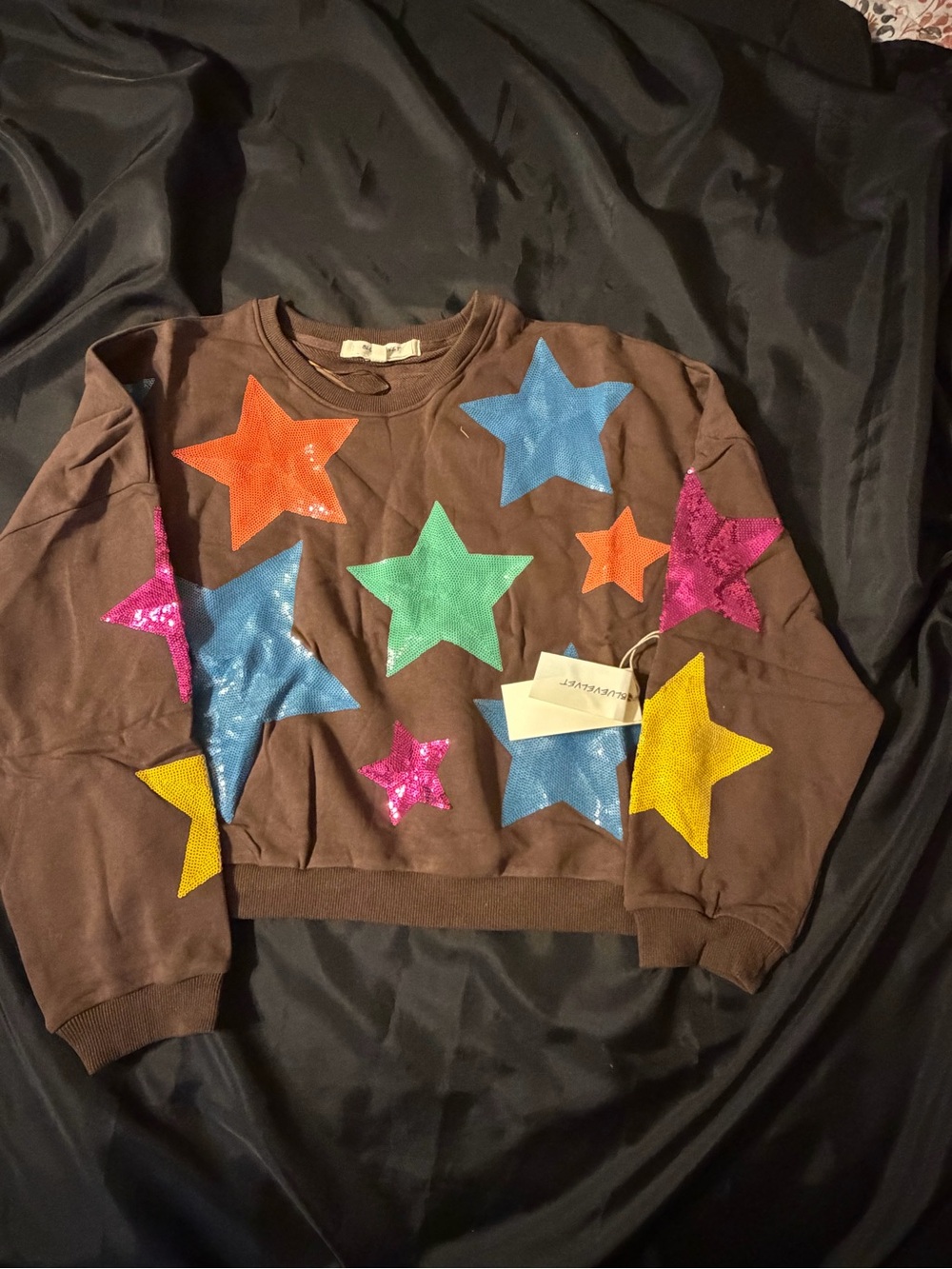 NWT Blue Velvet Sequin Star Oversized Crewneck Sweatshirt - Medium